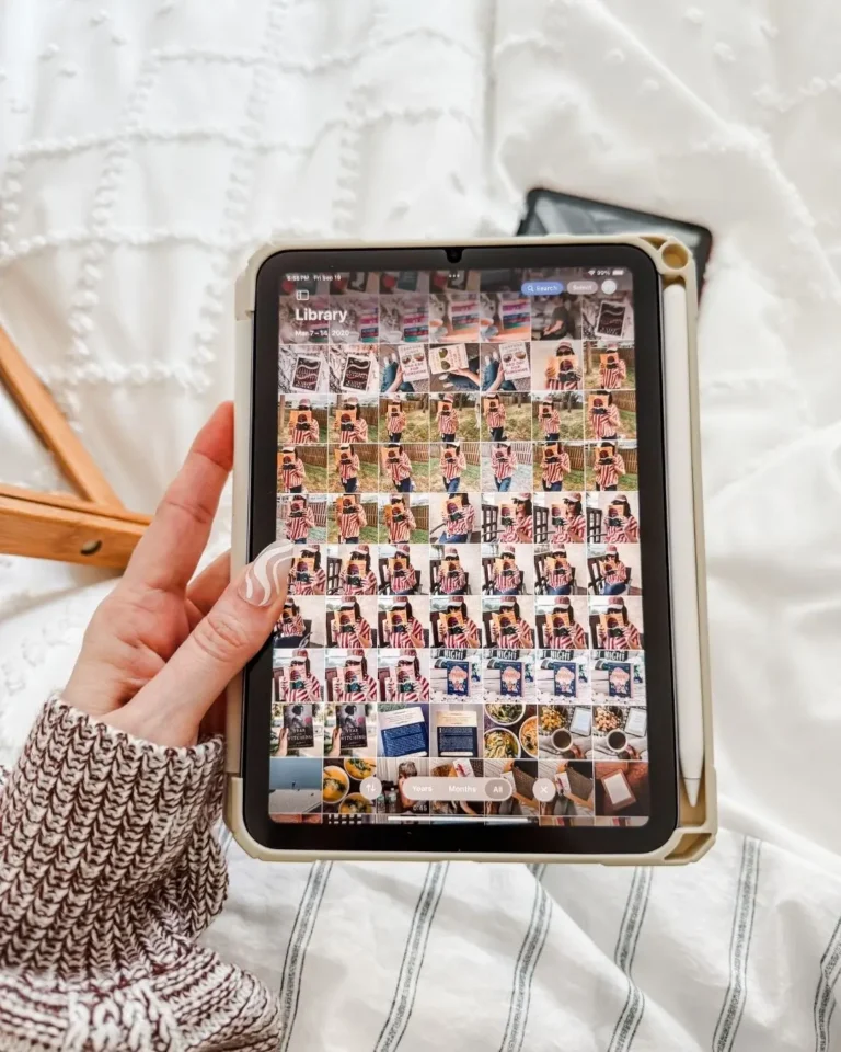 Declutter Your Camera Roll - Shows hand with almond shaped nail holding a mini iPad and a camera roll with multiple shots of the same thing.