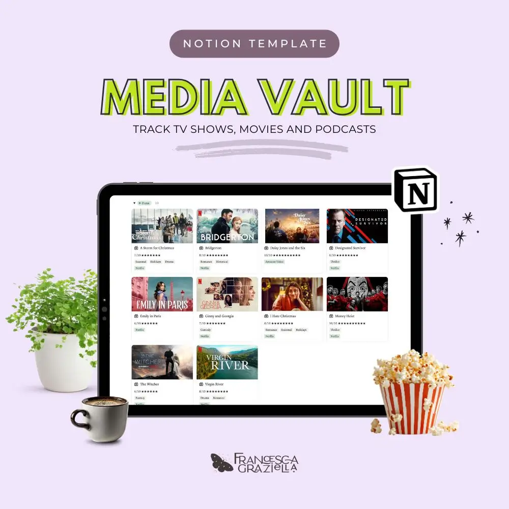 Media Vault Notion Tracker Template for TV Shows, Movies and Podcasts